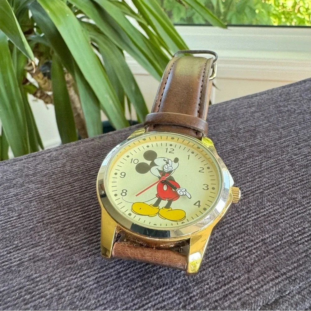 Vintage Mickey Mouse Disney Wide Face Analog Watch with Brown Leather Band